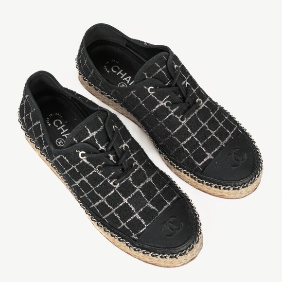 Chanel Black Metallic Tweed Espadrille Low-Top Sneakers - Picture 1 of 12